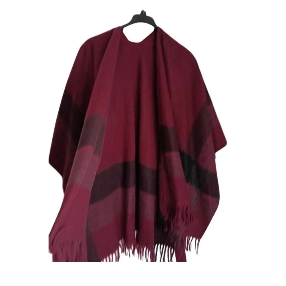 RHEA Cozy Burgundy Southwestern Plaid Fringe‎ Ruana Poncho Wrap NWT L/XL Boho